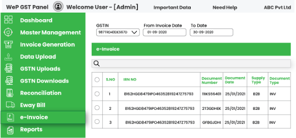 Wep GST Panel | E invoice status